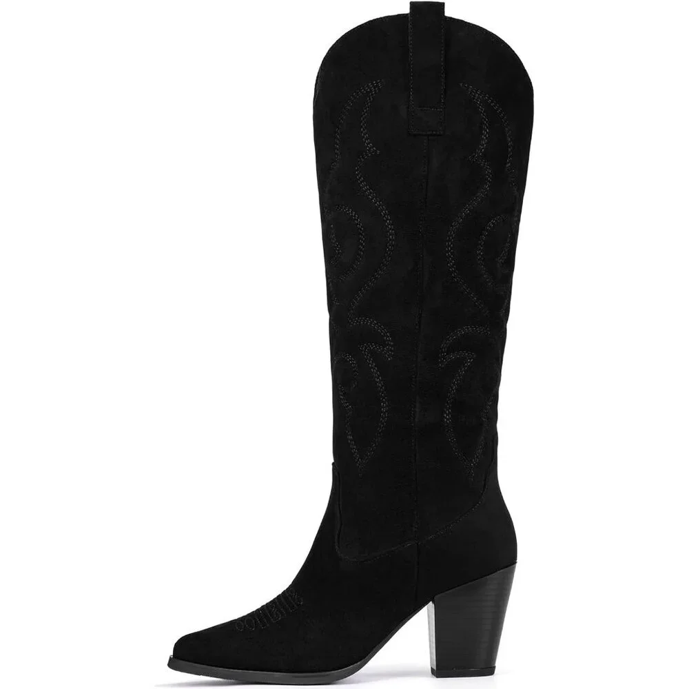 Women Black Suede Western Knee High Cowgirl Boots with Side Zipper Retro Pointed